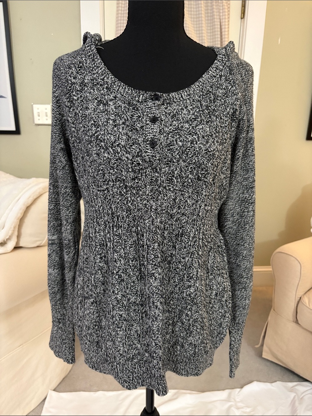 DKNY Black & White Marled Scoop Neck Sweater